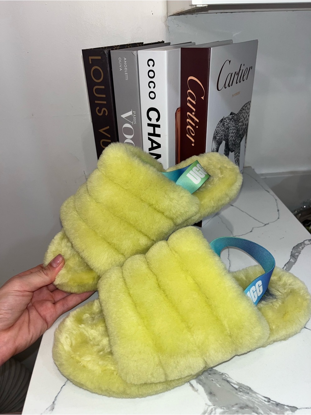 UGG Yellow and Aqua Shearling Slide Slippers